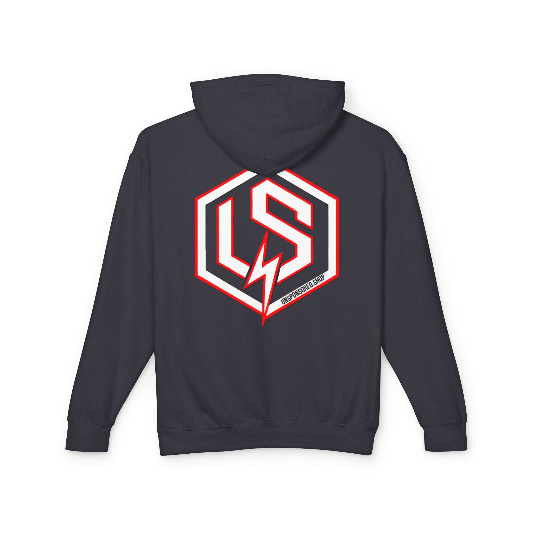 Unsponsored Logo Hoodie (Team Red) — Vertical 'UNSPONSORED' Chest Print & Back Emblem