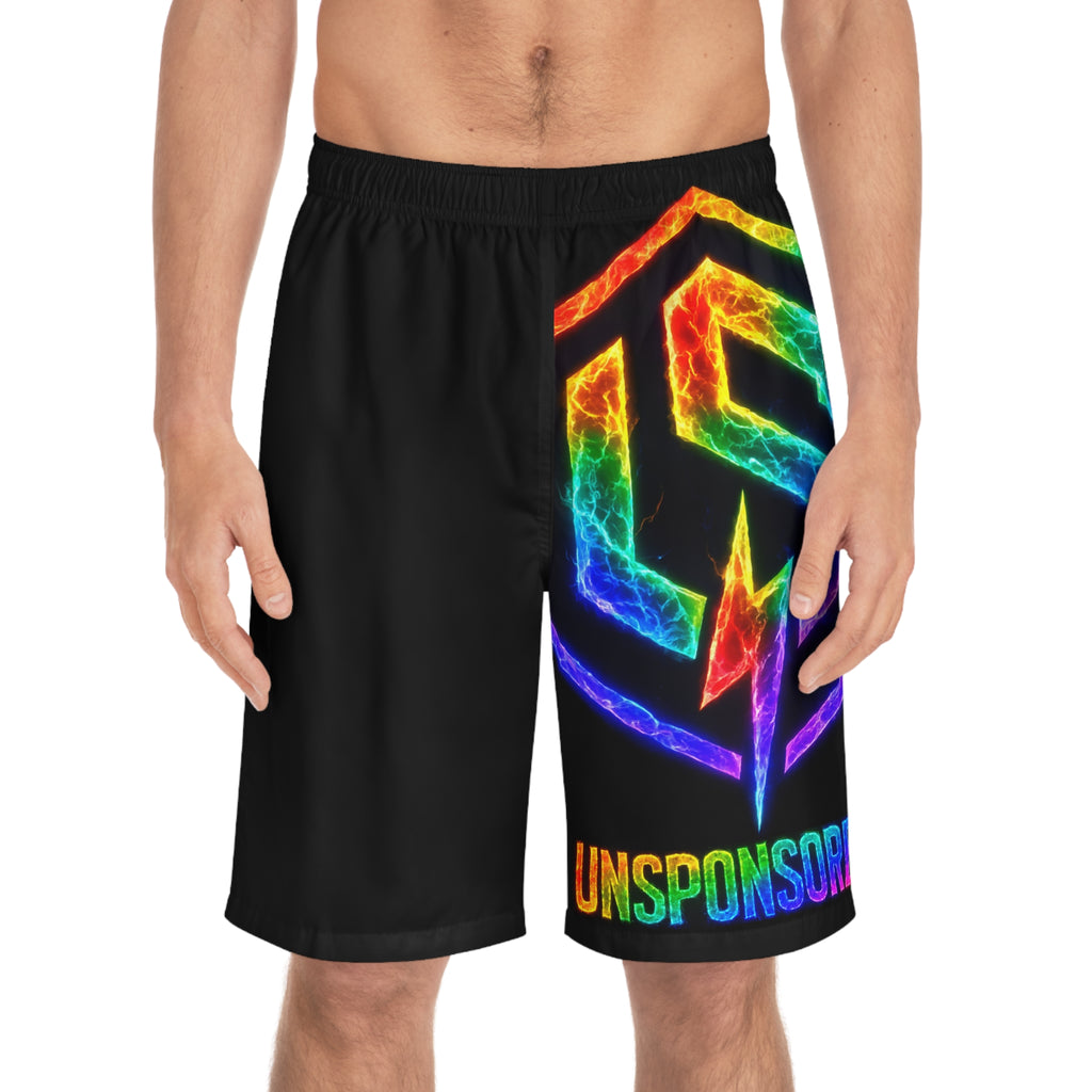 Men's Board Shorts — Rainbow 'UNSPONSORED' Electric Logo Swim Trunks