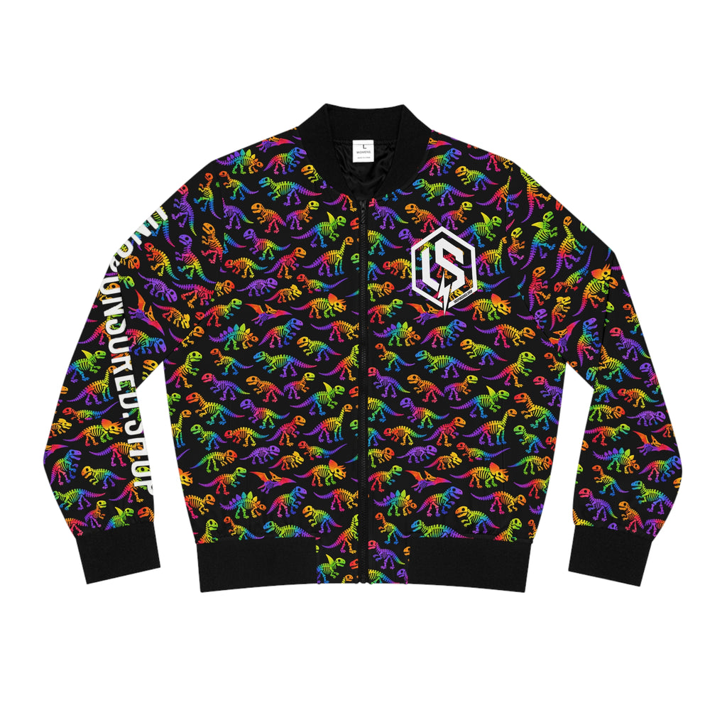 Rainbow Dino Pattern Bomber Jacket — 'Unsponsored' Logo AOP