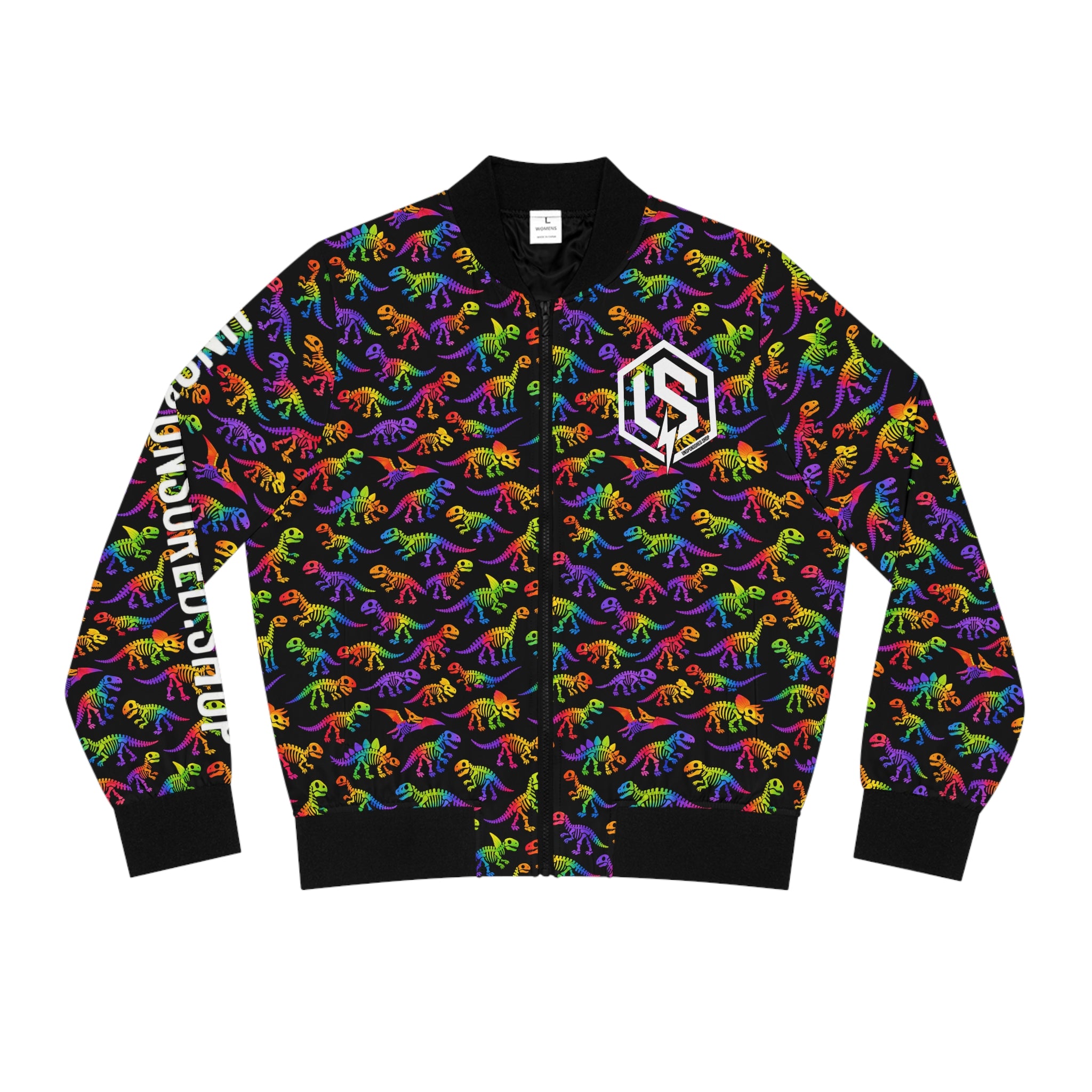 Rainbow Dino Pattern Bomber Jacket — 'Unsponsored' Logo AOP