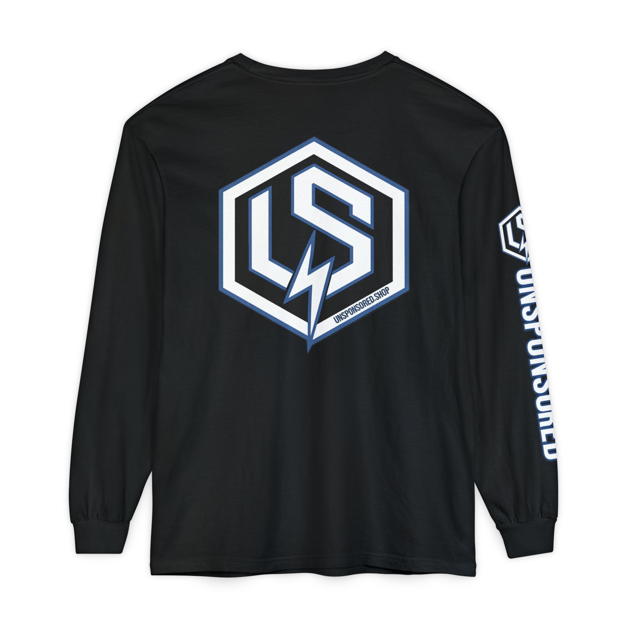 Unsponsored (Team Blue) Long Sleeve T‑Shirt — Lightning Hex Logo "Unsponsored" Sleeve