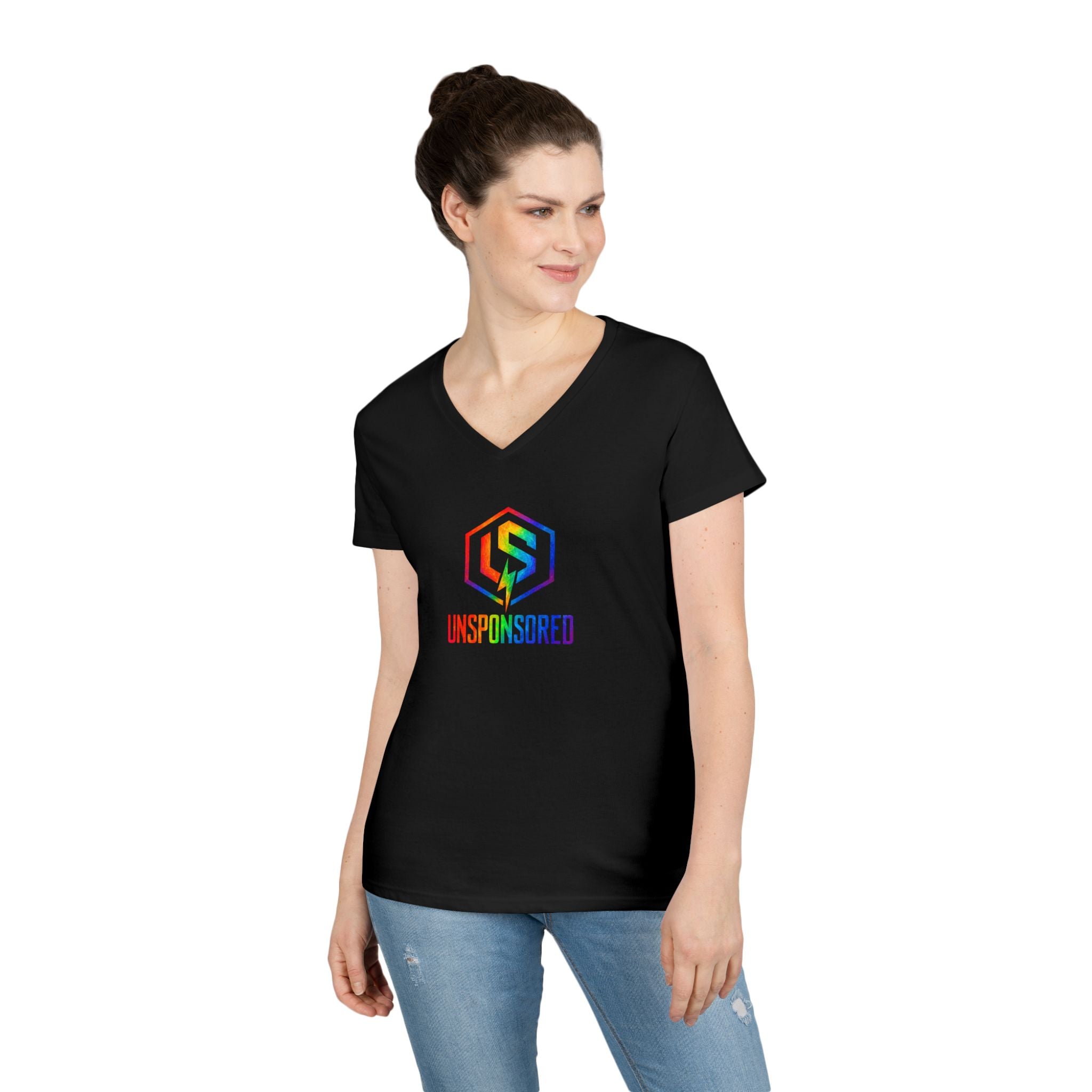 Womens' V-Neck T-Shirt — Rainbow "UNSPONSORED" Logo Tee