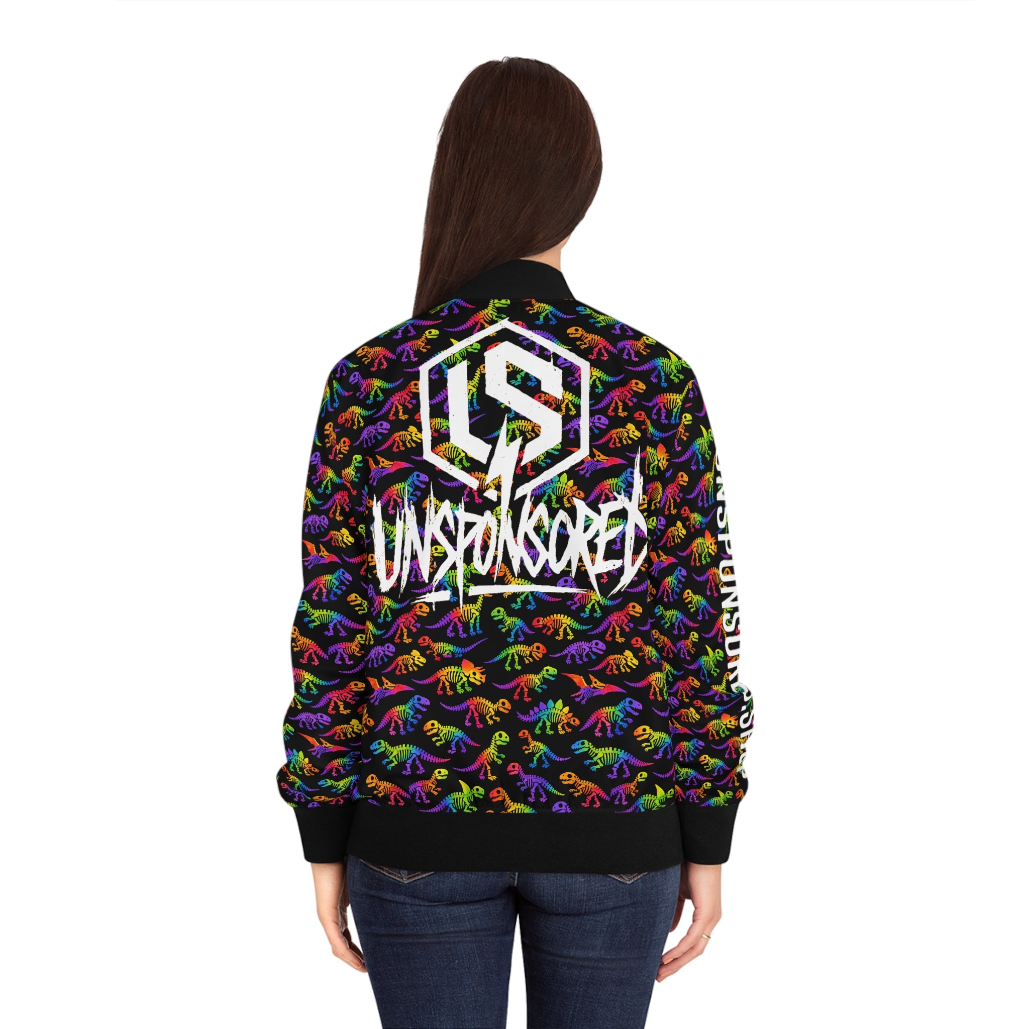 Rainbow Dino Pattern Bomber Jacket — 'Unsponsored' Logo AOP