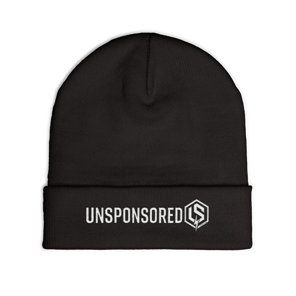 Embroidered 'UNSPONSORED' Knit Beanie — Black Logo Cuff Hat