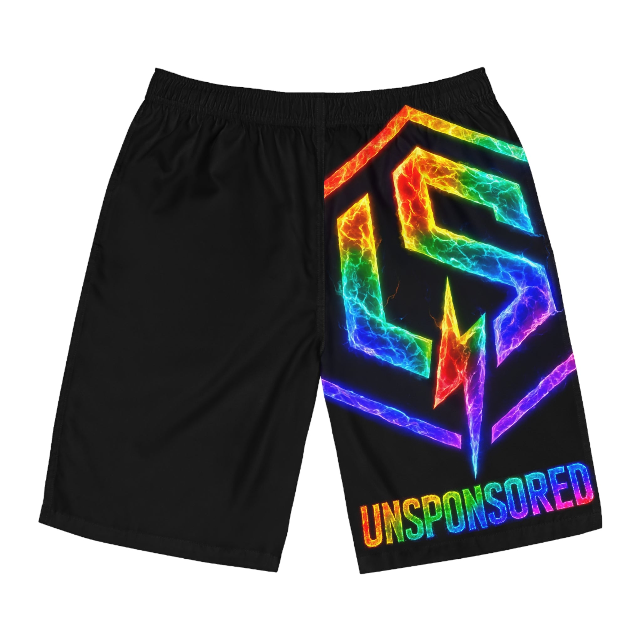 Men's Board Shorts — Rainbow 'UNSPONSORED' Electric Logo Swim Trunks