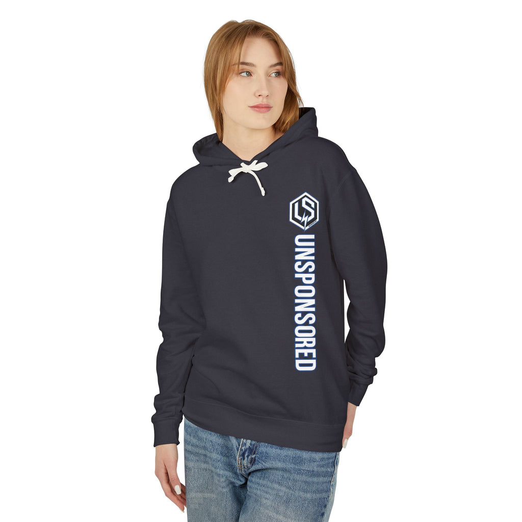 Unsponsored Logo Hoodie (Team Blue) — Lightweight Streetwear Pullover with Vertical 'UNSPONSORED' Text