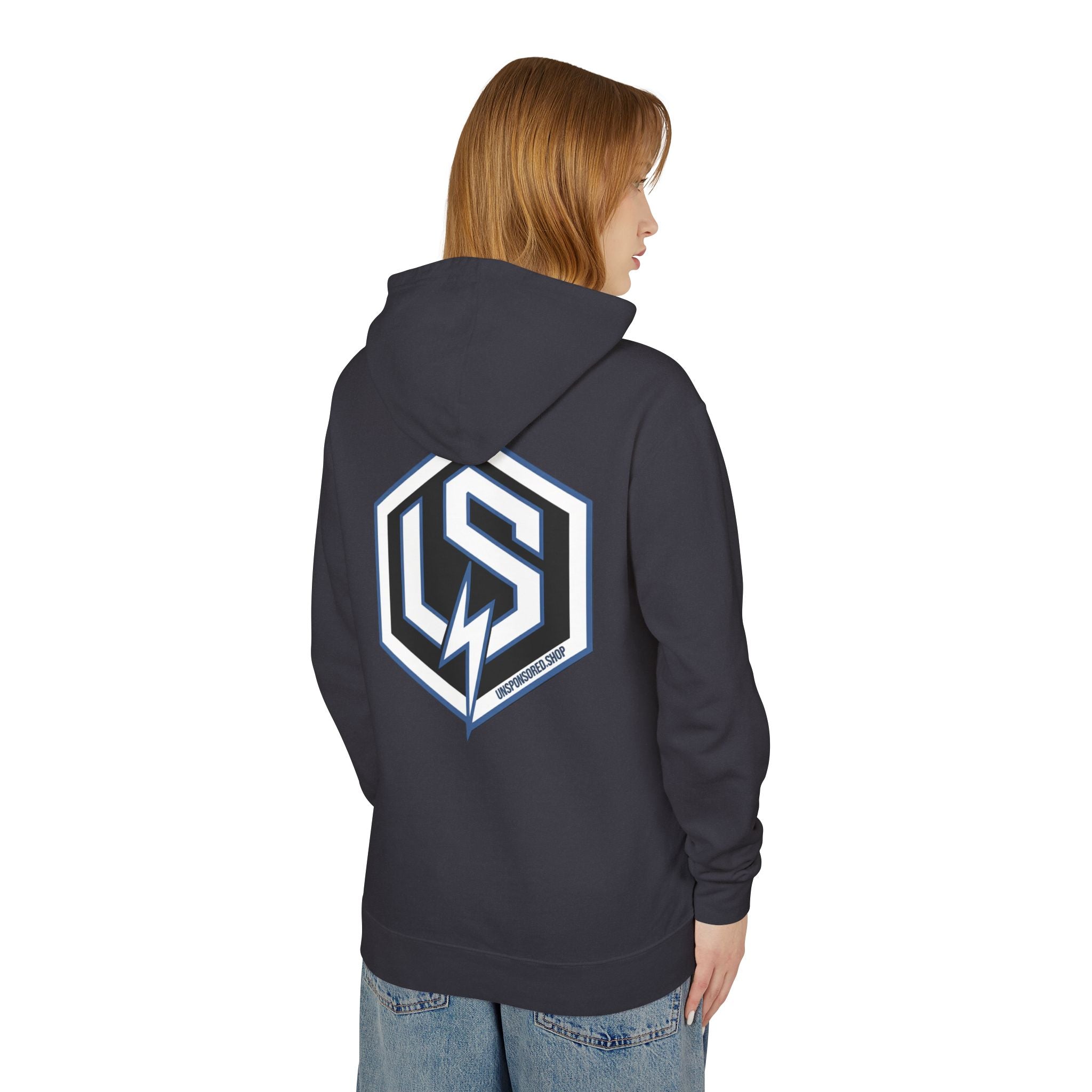 Unsponsored Logo Hoodie (Team Blue) — Lightweight Streetwear Pullover with Vertical 'UNSPONSORED' Text