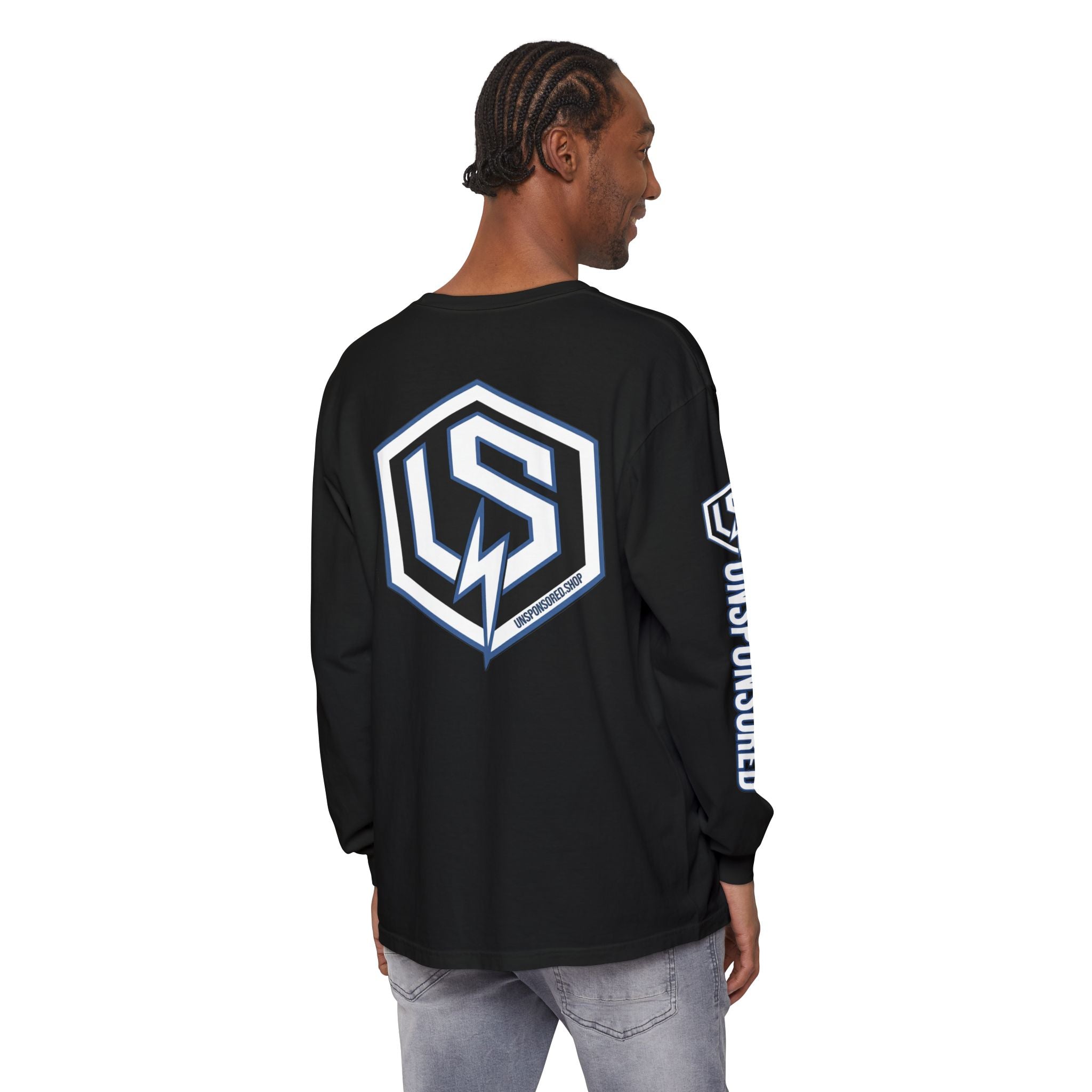 Unsponsored (Team Blue) Long Sleeve T‑Shirt — Lightning Hex Logo "Unsponsored" Sleeve