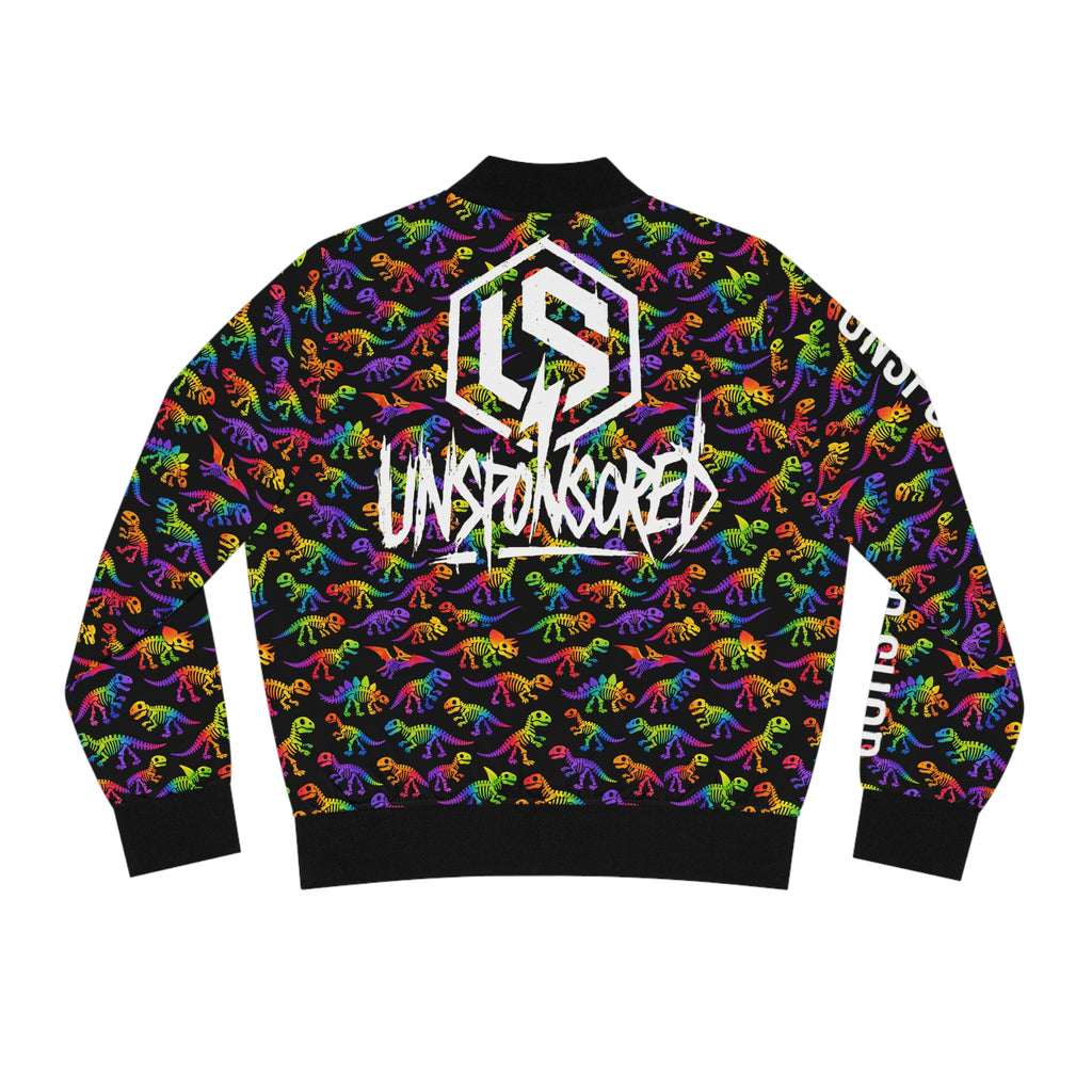 Rainbow Dino Pattern Bomber Jacket — 'Unsponsored' Logo AOP