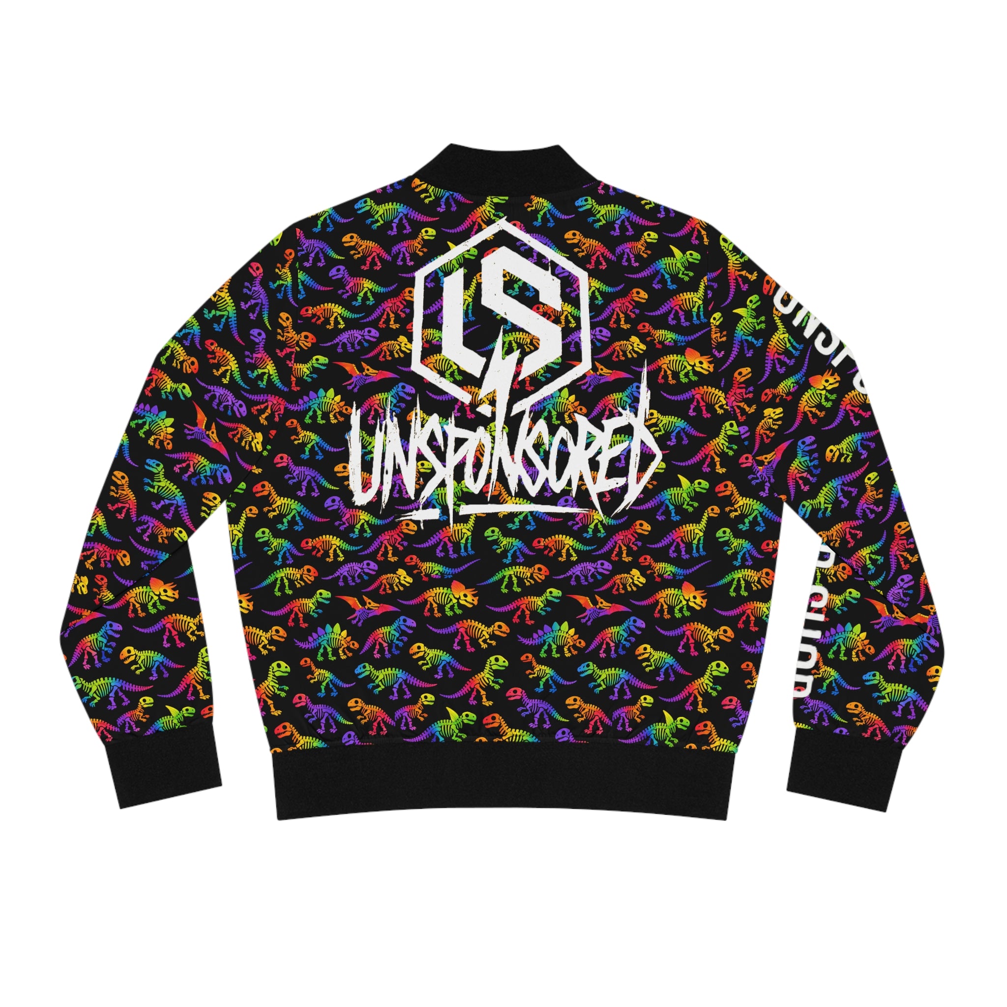 Rainbow Dino Pattern Bomber Jacket — 'Unsponsored' Logo AOP
