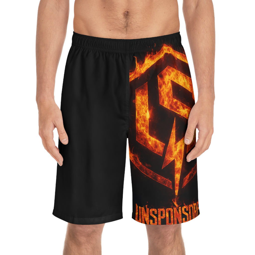 Unsponsored Flame Logo Men's Board Shorts — Black Surf & Swim Trunks
