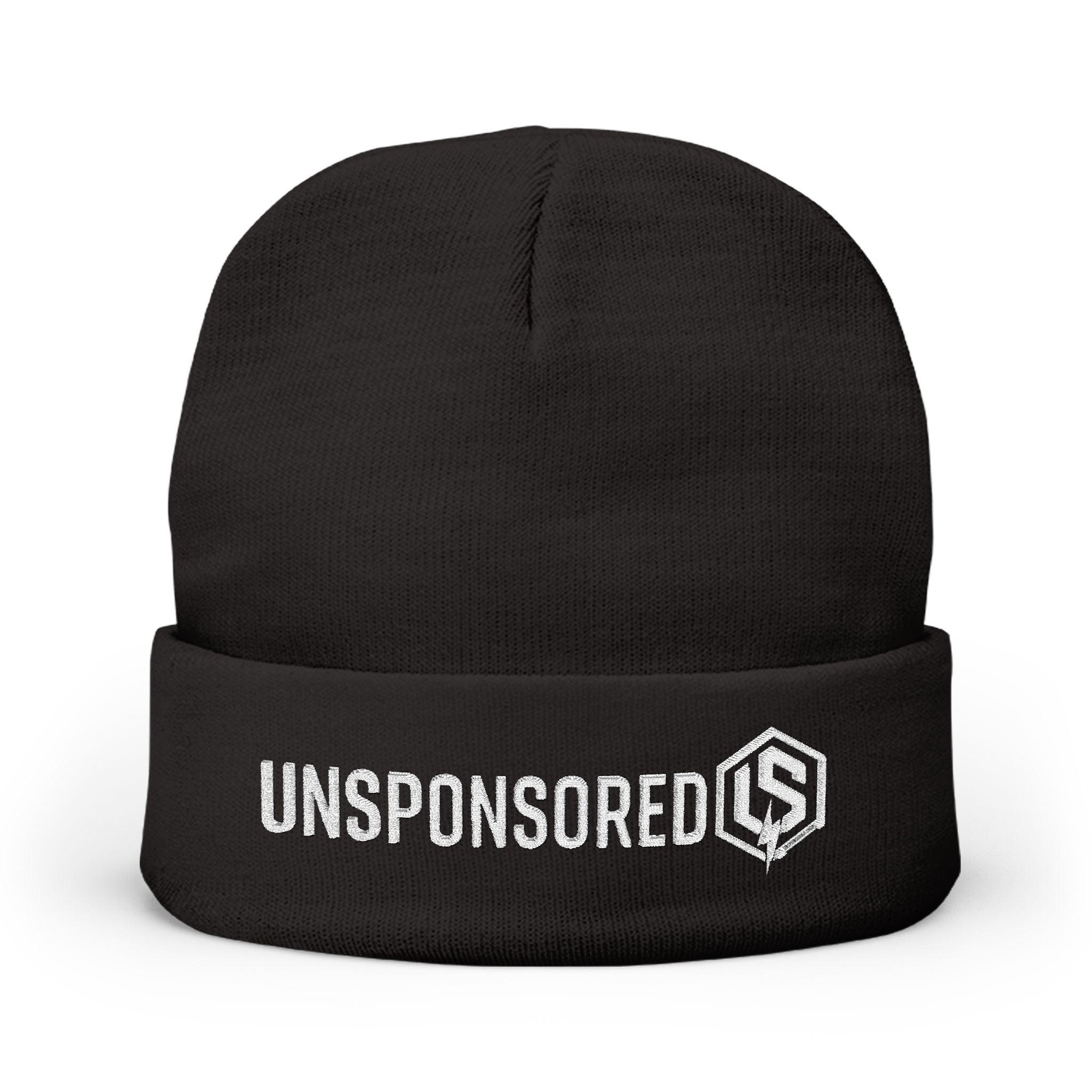 Embroidered 'UNSPONSORED' Knit Beanie — Black Logo Cuff Hat