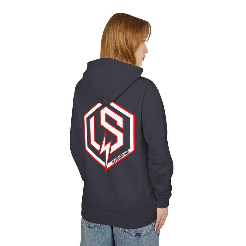 Unsponsored Logo Hoodie (Team Red) — Vertical 'UNSPONSORED' Chest Print & Back Emblem