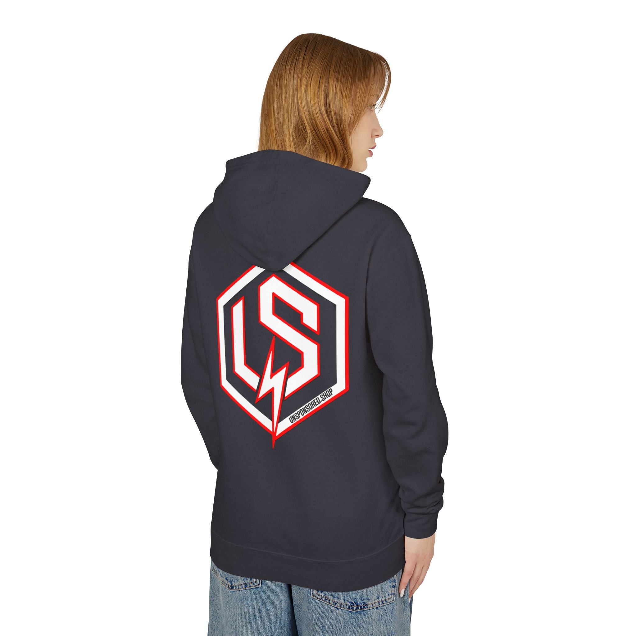 Unsponsored Logo Hoodie (Team Red) — Vertical 'UNSPONSORED' Chest Print & Back Emblem