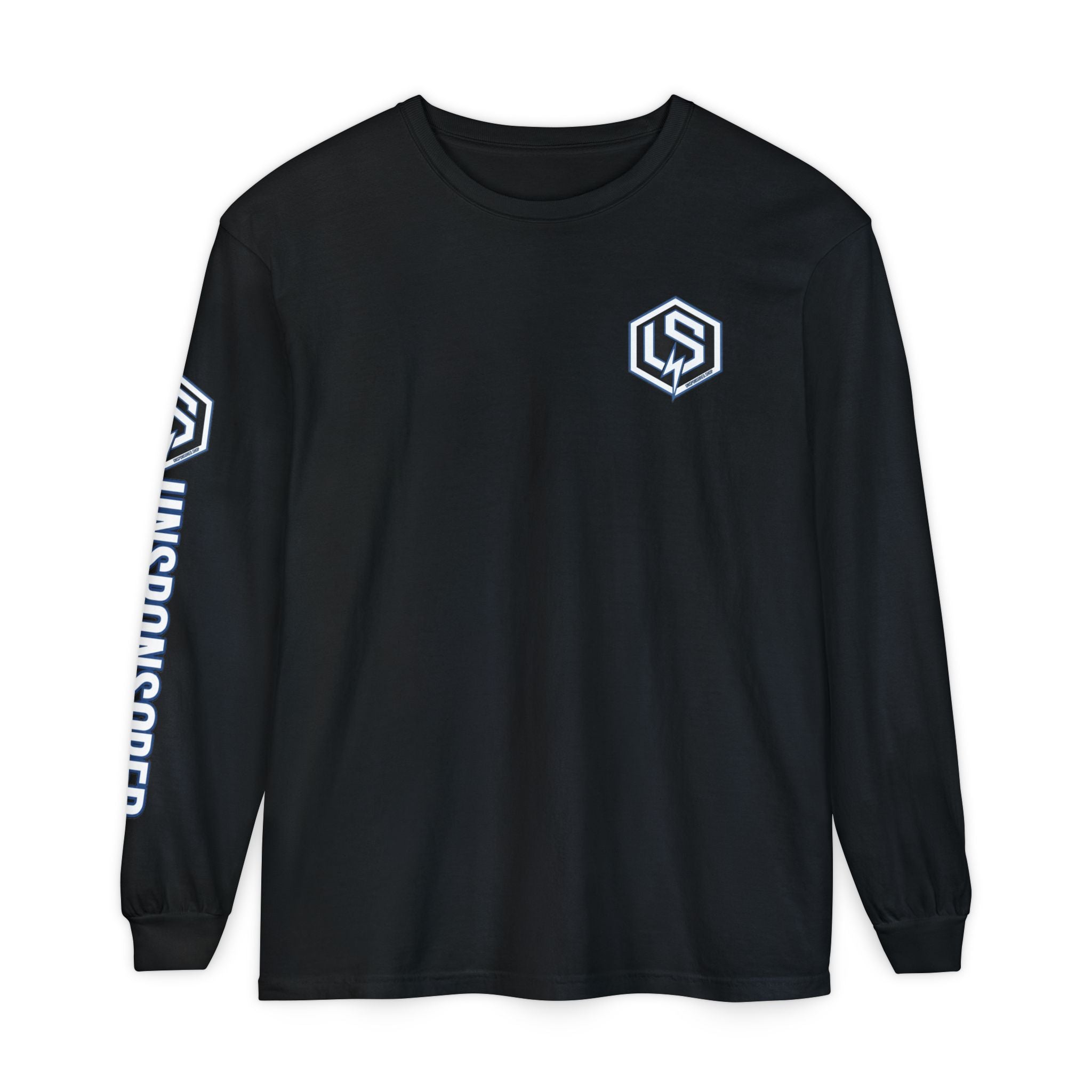 Unsponsored (Team Blue) Long Sleeve T‑Shirt — Lightning Hex Logo "Unsponsored" Sleeve