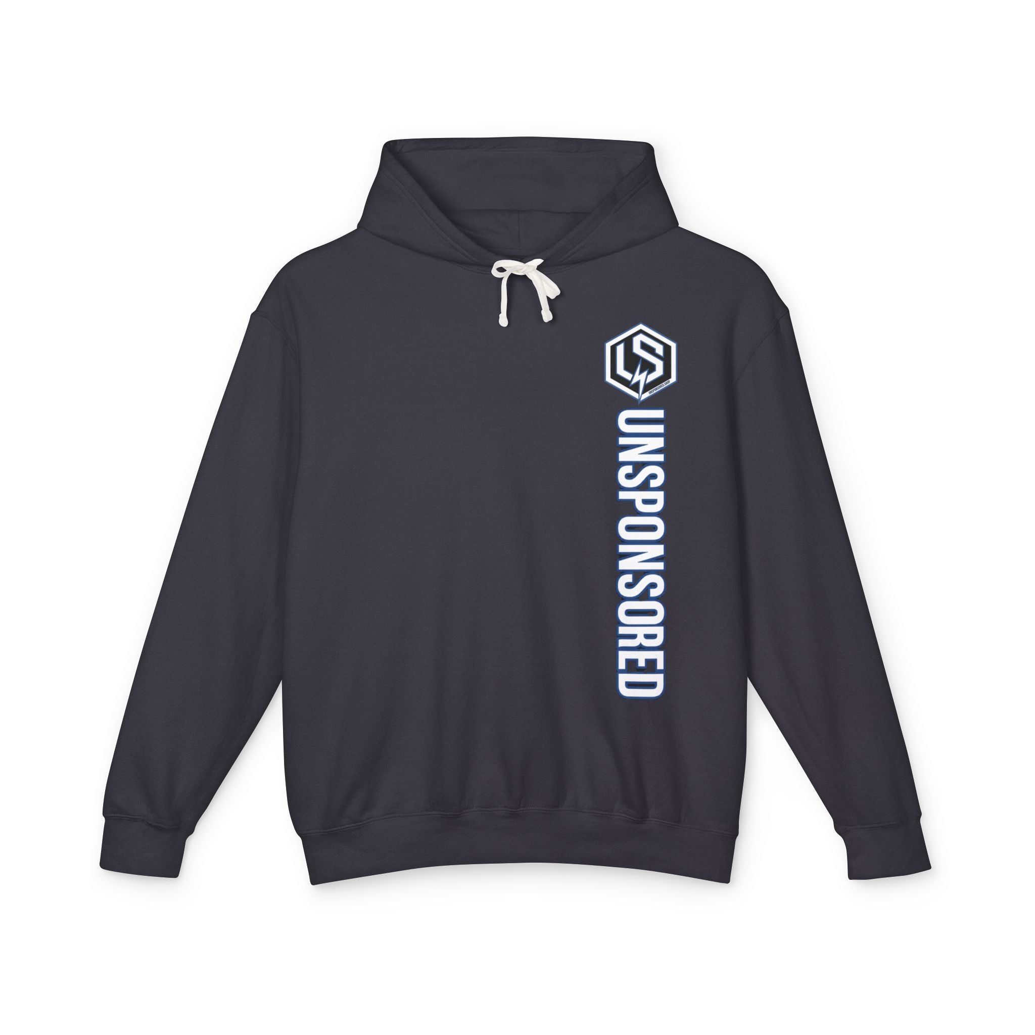 Unsponsored Logo Hoodie (Team Blue) — Lightweight Streetwear Pullover with Vertical 'UNSPONSORED' Text