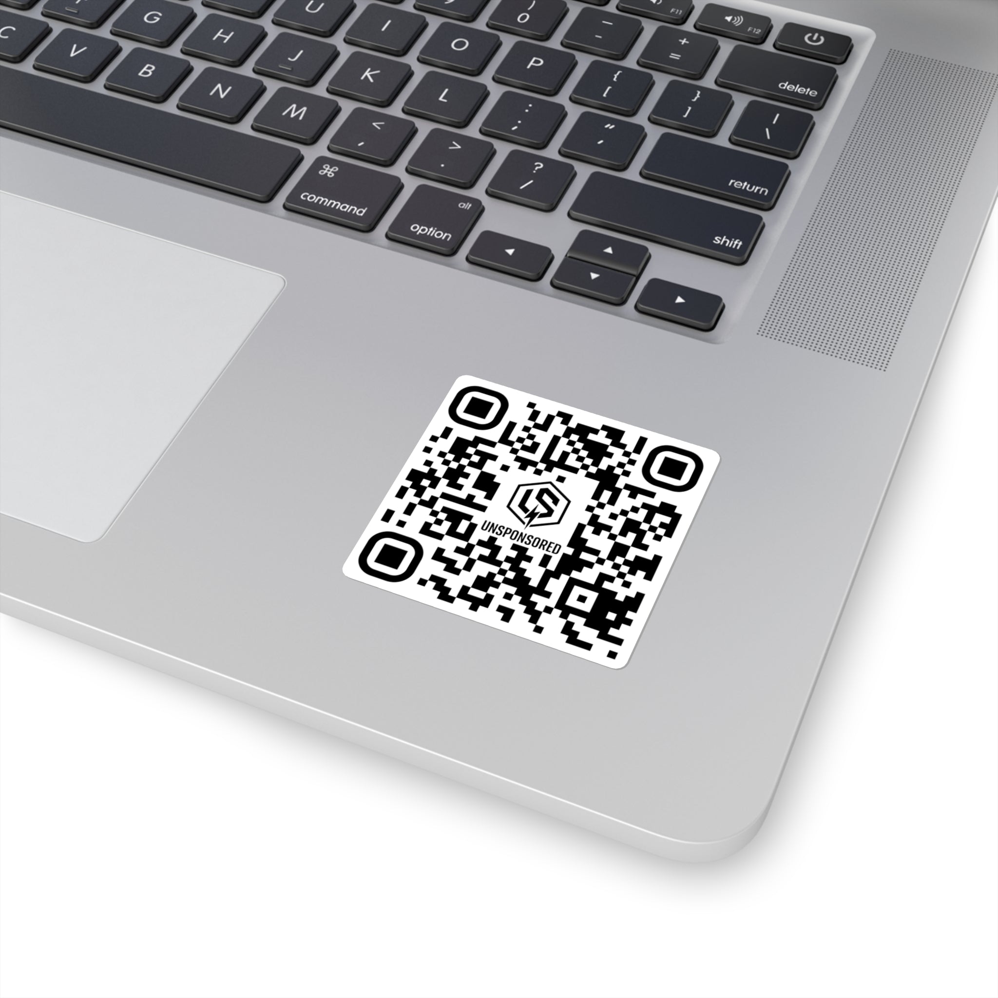 QR Code Square Sticker — "UNSPONSORED" Logo Decal for Laptops & Gear
