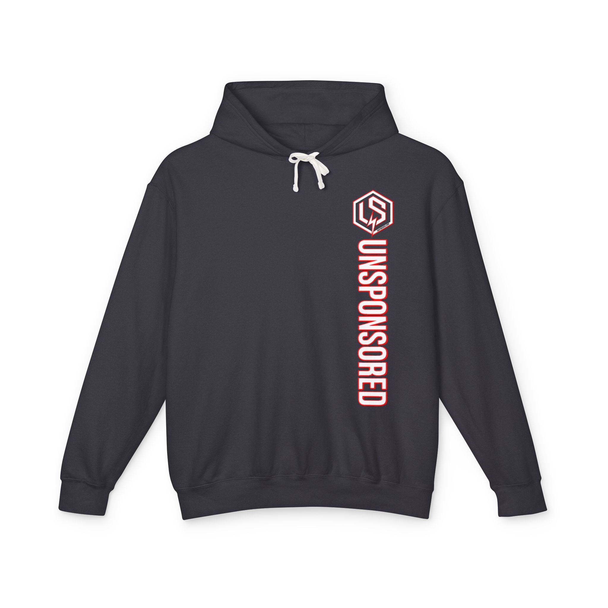Unsponsored Logo Hoodie (Team Red) — Vertical 'UNSPONSORED' Chest Print & Back Emblem