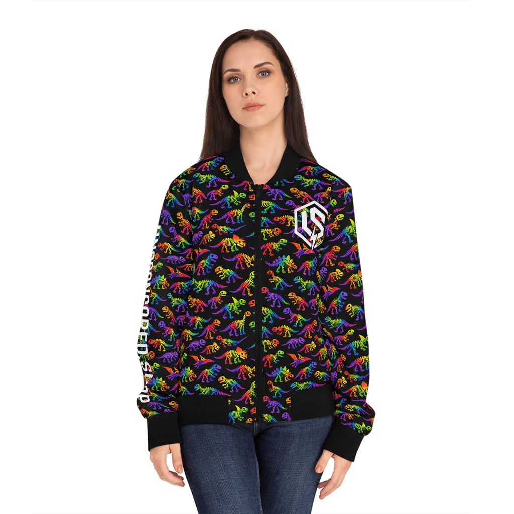 Rainbow Dino Pattern Bomber Jacket — 'Unsponsored' Logo AOP