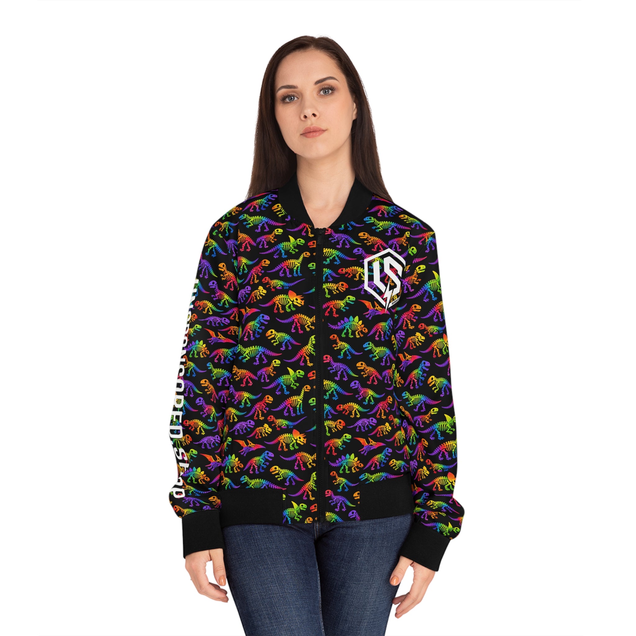 Rainbow Dino Pattern Bomber Jacket — 'Unsponsored' Logo AOP