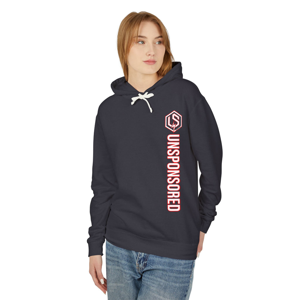 Unsponsored Logo Hoodie (Team Red) — Vertical 'UNSPONSORED' Chest Print & Back Emblem